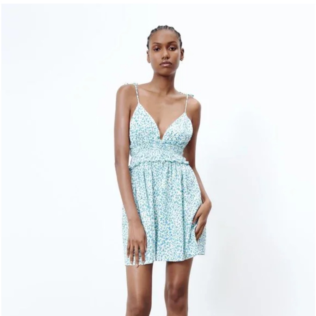 Zara Floral Mini Dress Size Large Blue Green Linen Blend Tie Straps